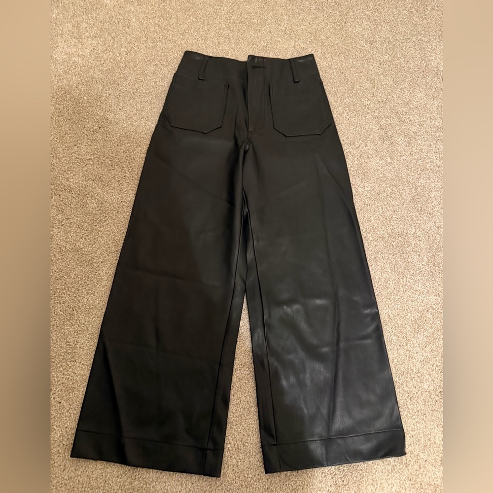 Maeve Anthropologie Black faux leather Colette wide leg crop pants 24P
